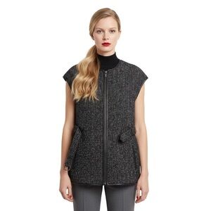 TORY BURCH BLACK WHITE WOOL LEATHER SLEEVELESS LIGHT BELTED  BELT JACKET